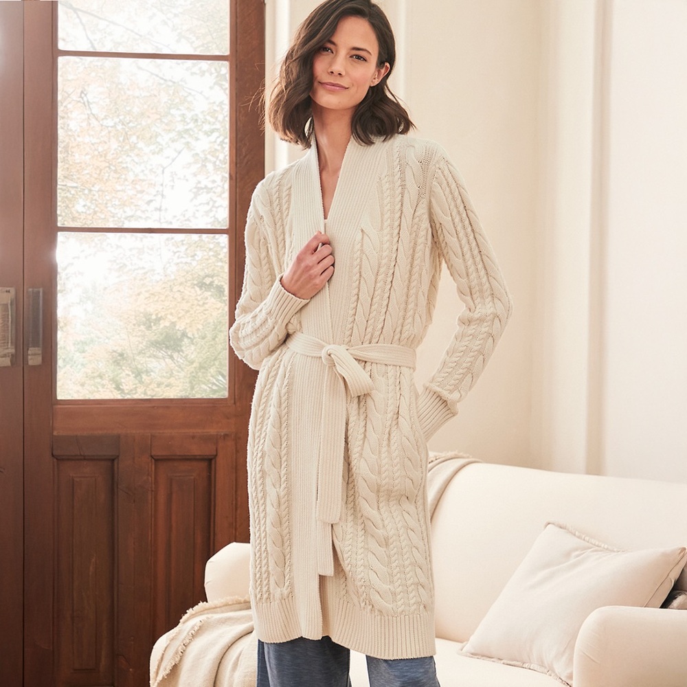 Garnet Hill Cream Cable-Knit Robe Cardigan